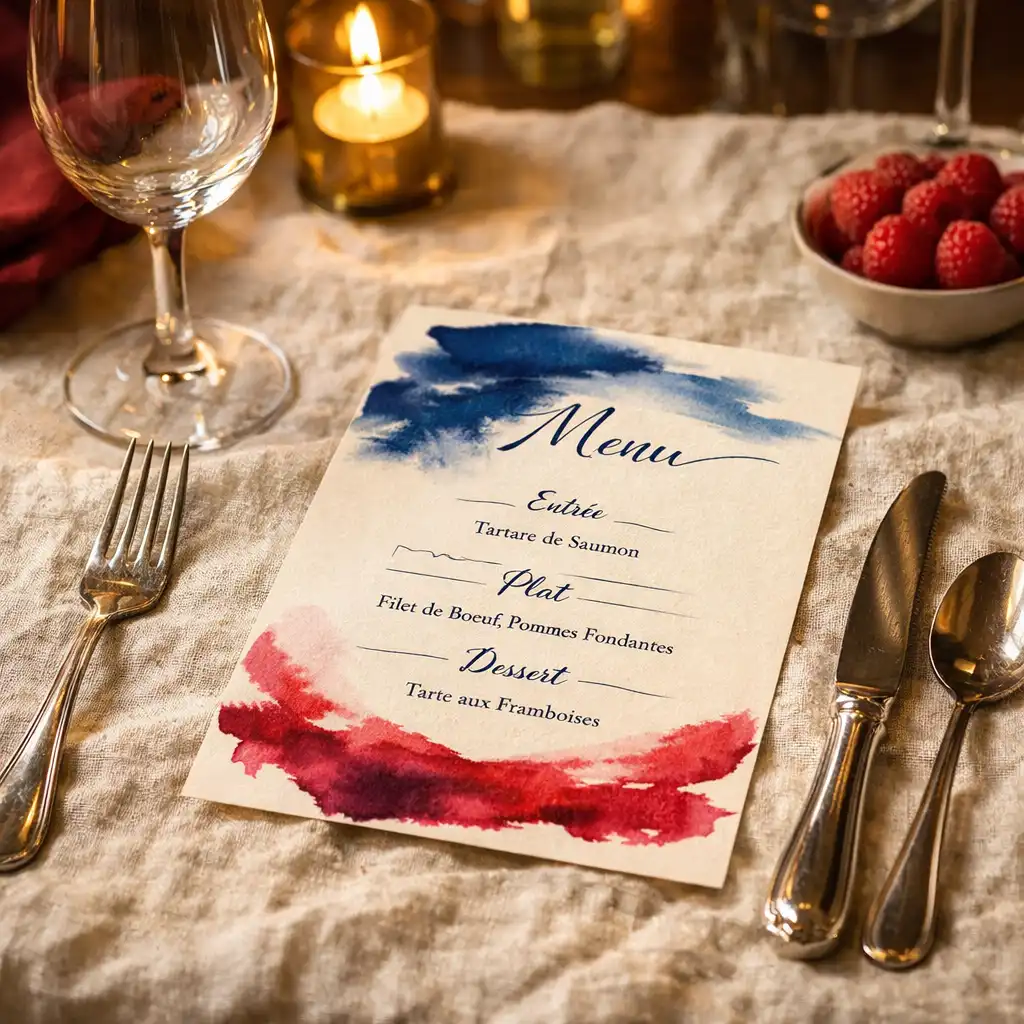 Table de restaurant élégante avec nappe en lin froissé, couverts en argent et carte menu aux traits d'encre