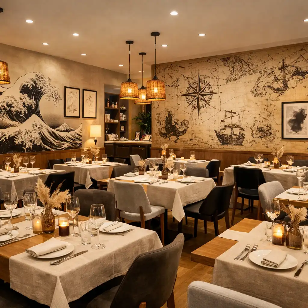 Vue panoramique de la salle du restaurant, tables en bois clair et nappes en lin