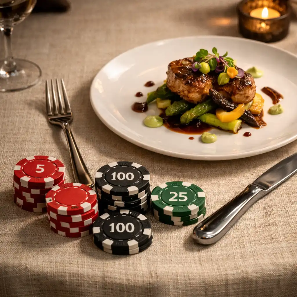 Détail d'une table dressée avec un plat raffiné et des jetons de poker