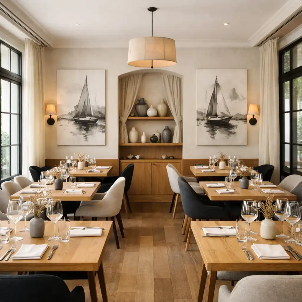 Intérieur contemporain du restaurant Maison Aubeline avec tables en bois et touches de lin et d'encre