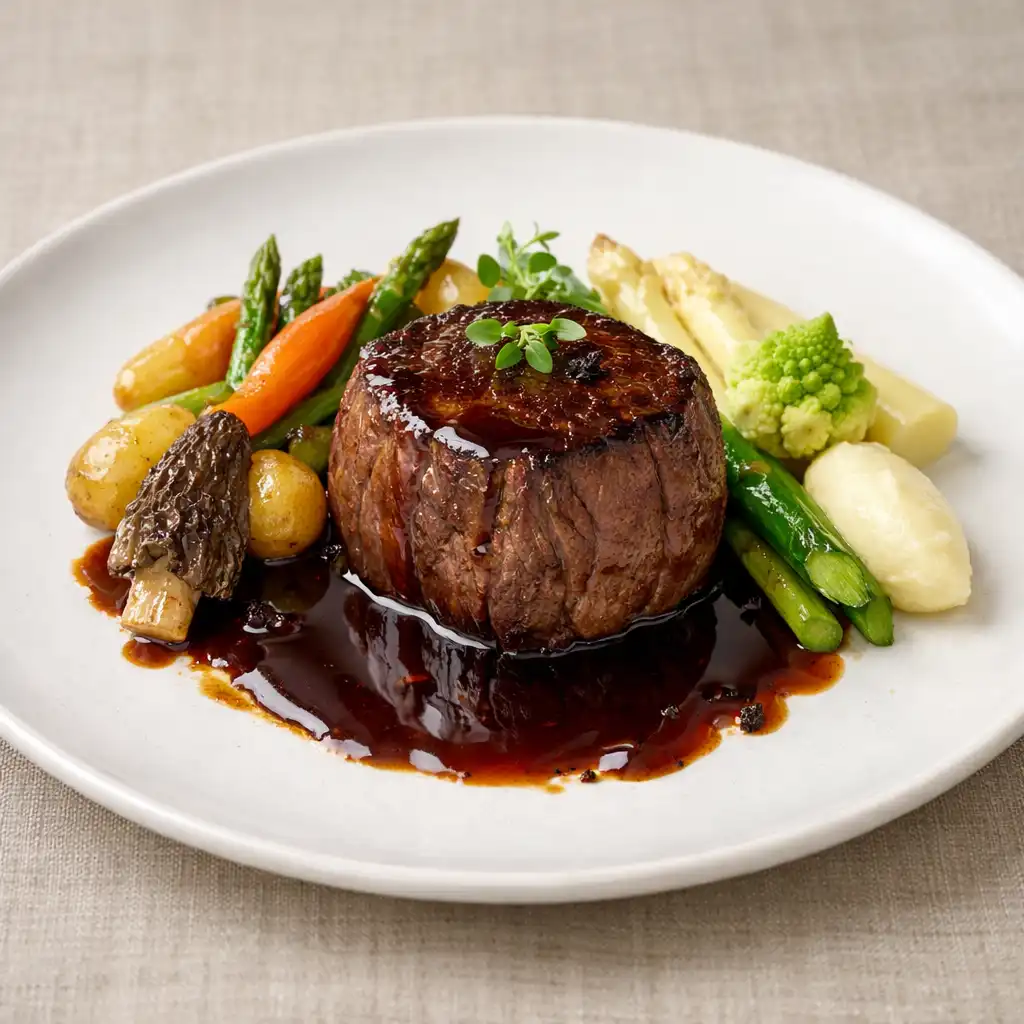 Plat gastronomique français avec filet de bœuf et légumes de saison sur assiette blanche