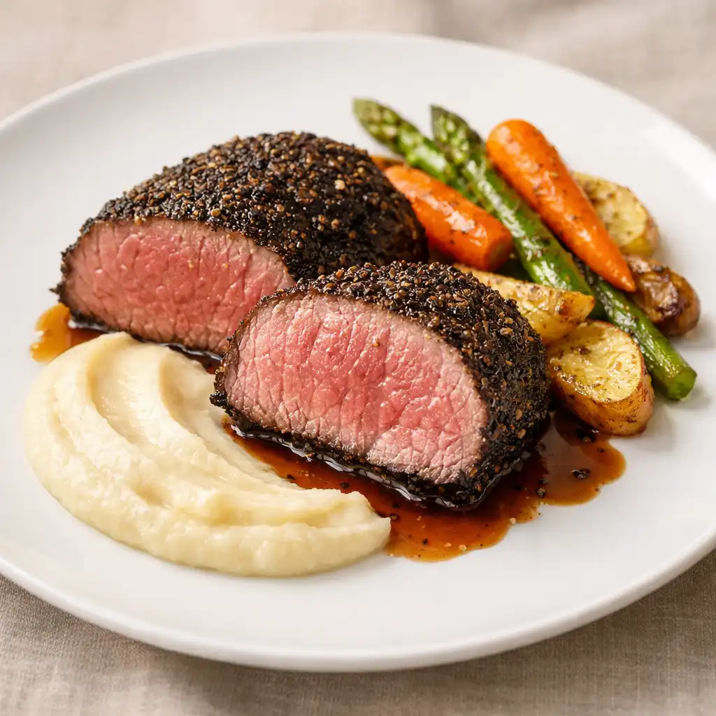 Filet de bœuf en croûte de poivre noir, tranché et servi avec purée de céleri-rave et légumes rôtis