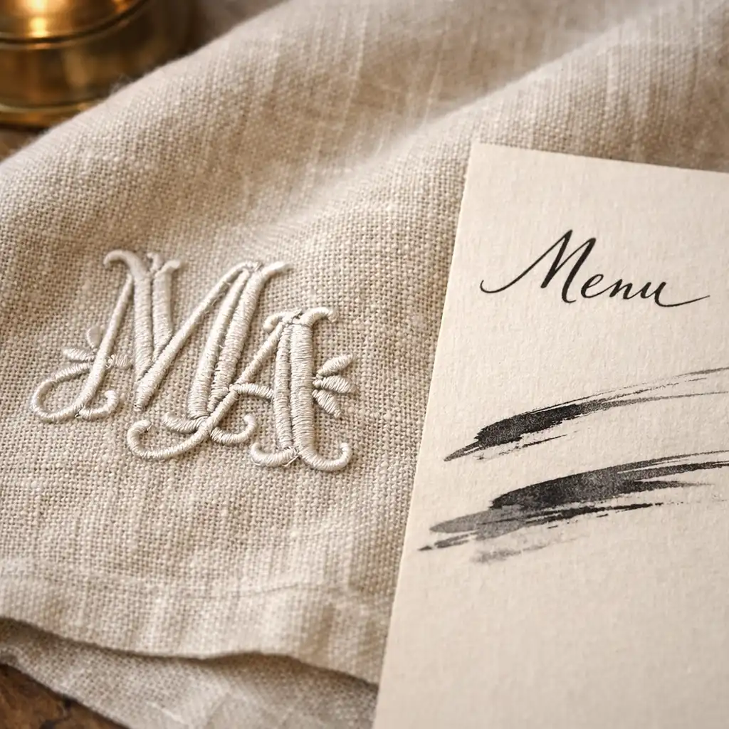 Détail d'une nappe en lin avec monogramme MA brodé et menu aux traits d'encre