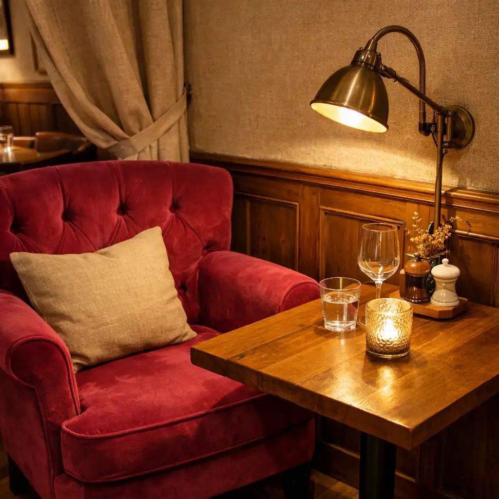 Coin détente avec fauteuil en velours framboise, petite table en bois et lampe de lecture