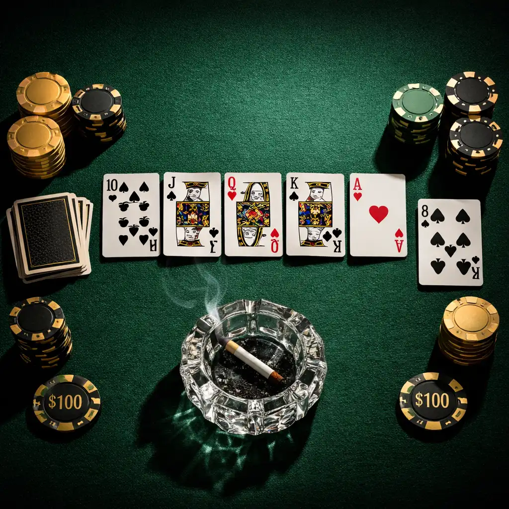 Vue plongeante d'une table de poker avec cartes étalées et jetons empilés