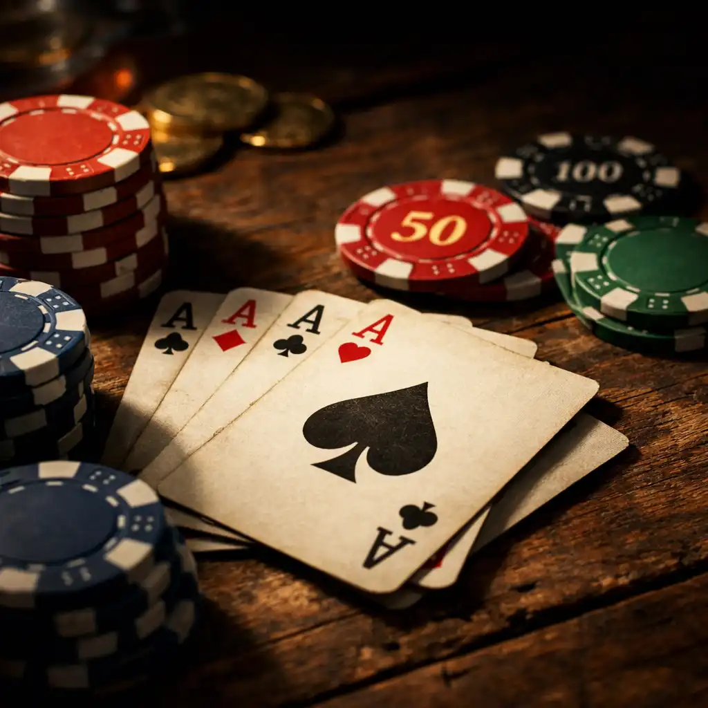 Cartes à jouer et jetons sur une table en bois
