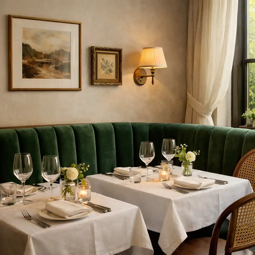 Coin du restaurant avec banquette en velours et table dressée