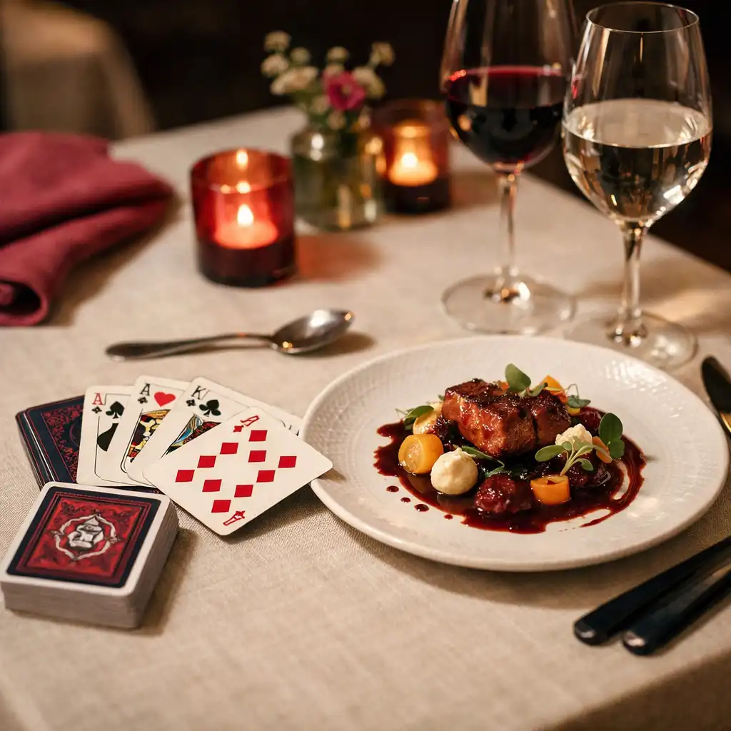 Table de restaurant élégante avec nappe en lin, assiette gastronomique et jeu de cartes à jouer