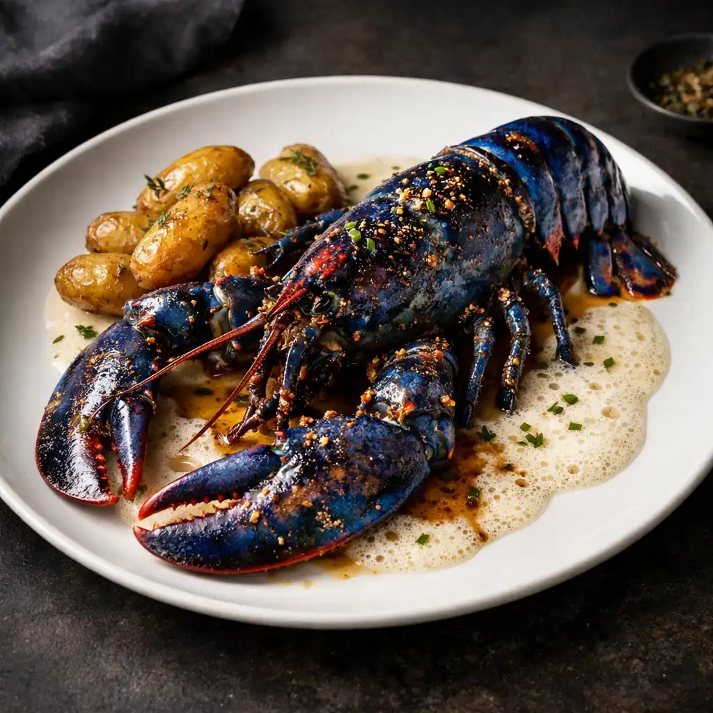 Homard bleu rôti entier, arrosé de beurre noisette, avec pommes de terre rattes et émulsion de crustacés