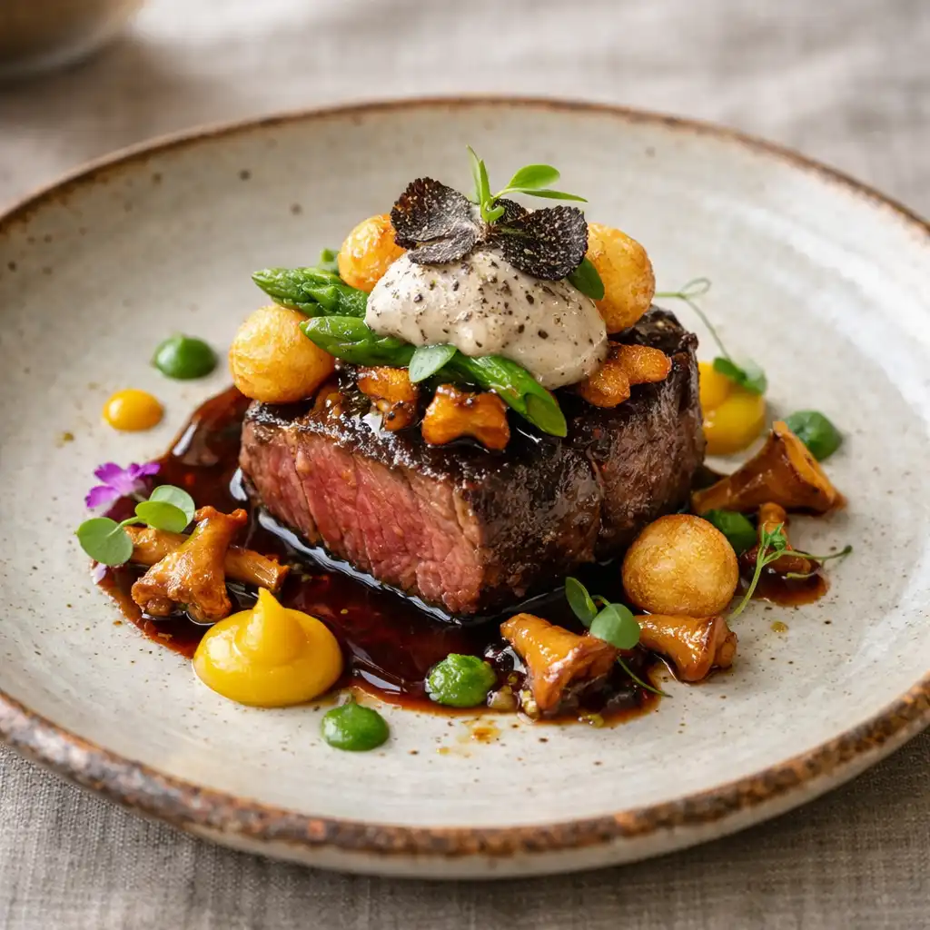 Plat signature de magret de canard rosé avec sauce aux framboises sur assiette en céramique blanche