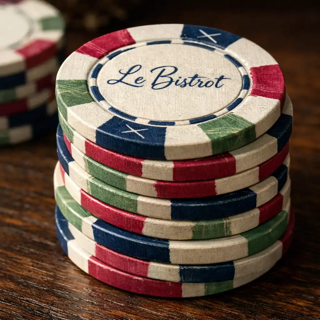 Macro de jetons de poker en céramique personnalisés empilés sur une table en bois sombre