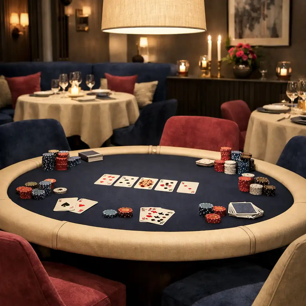 Table privée de poker élégante avec chaises confortables, cartes et jetons