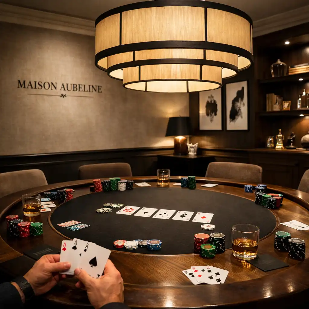 Vue d’ensemble du Poker Room de Maison Aubeline avec tables ovales, chaises en velours et éclairage tamisé
