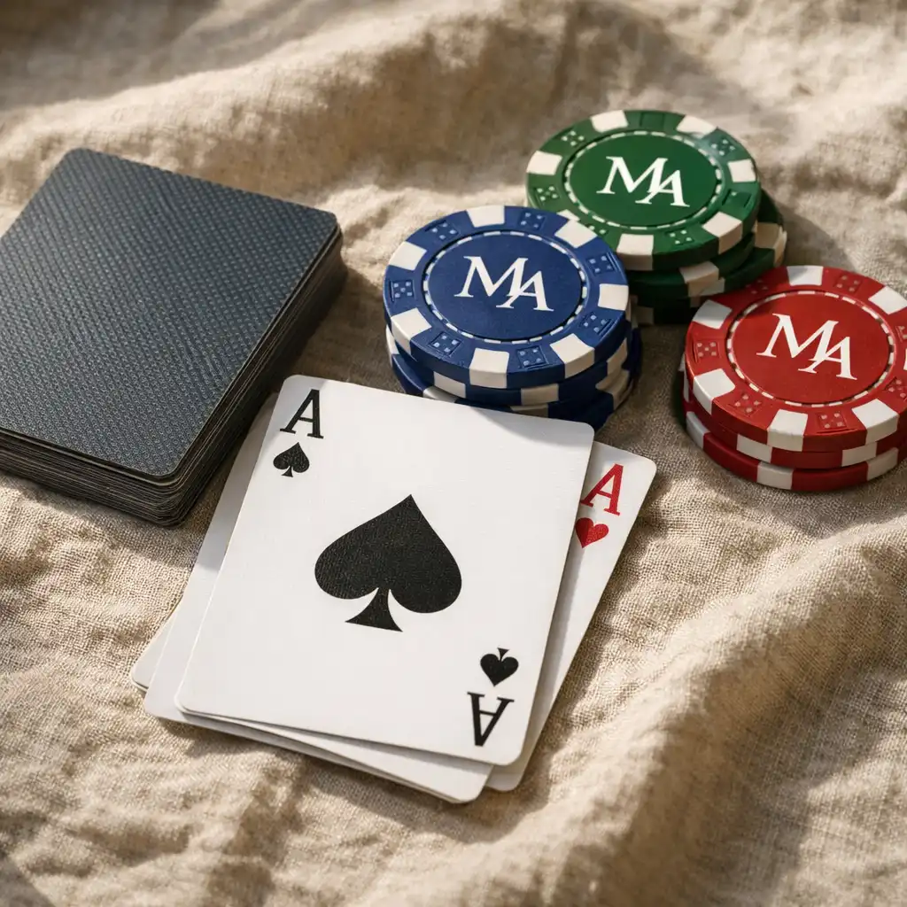 Cartes à jouer et jetons de poker posés sur une nappe en lin froissé