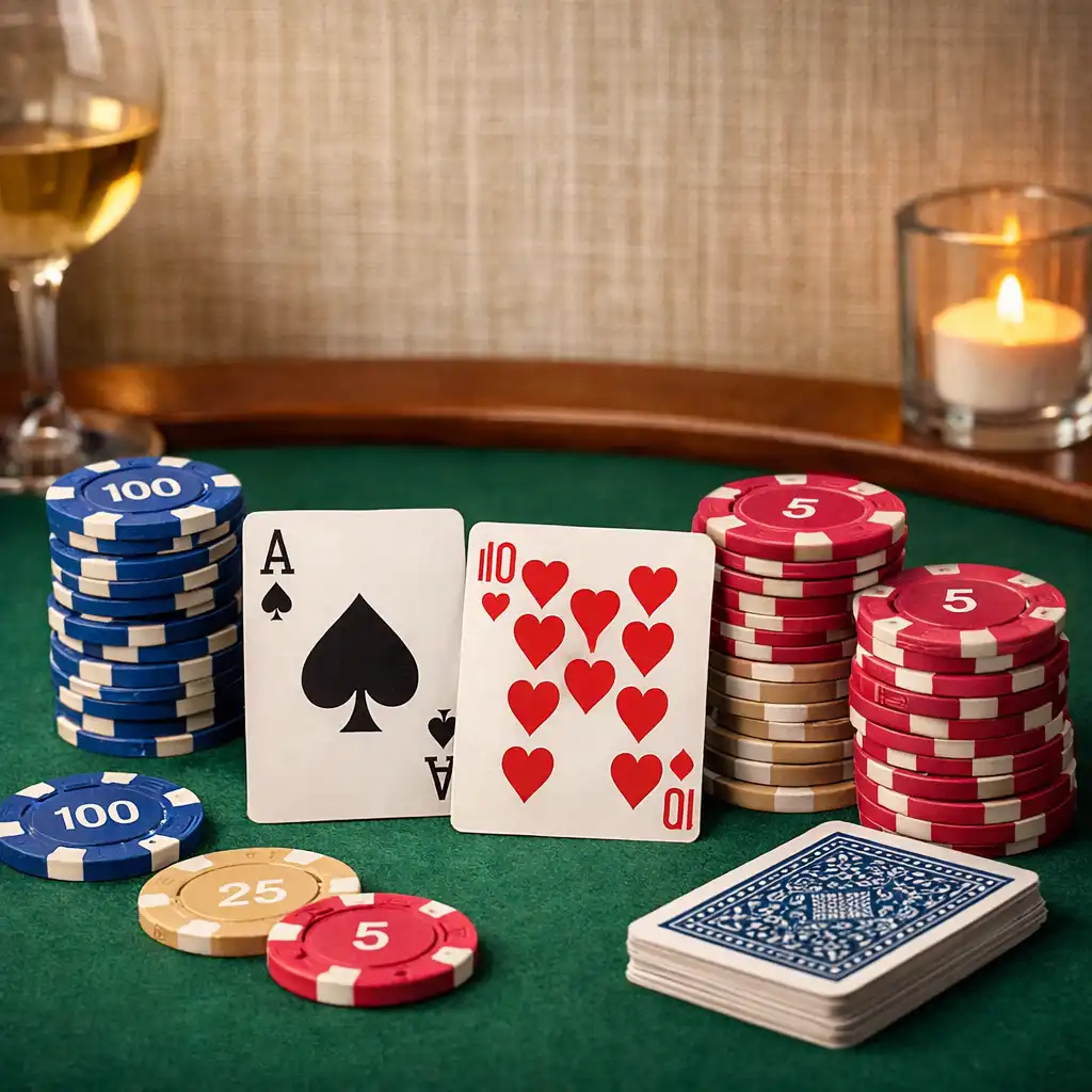 Détail de la table de poker avec cartes, jetons et tapis vert