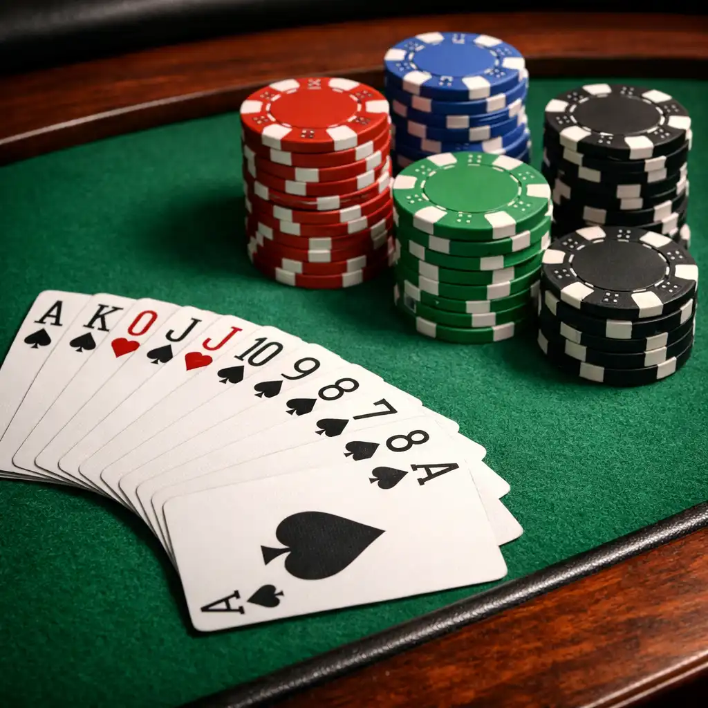 Table de poker professionnelle avec cartes et jetons dans le Poker Room