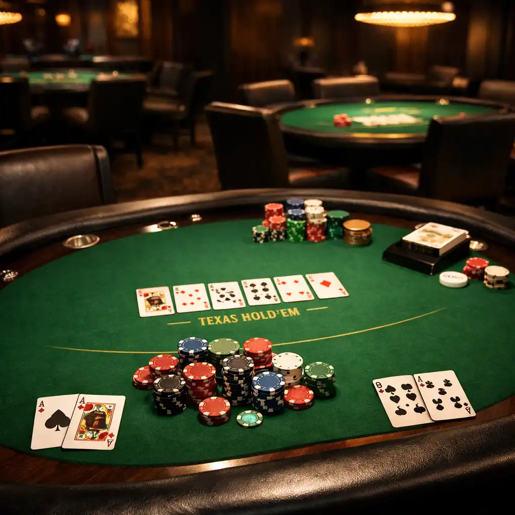 Poker Room avec tables professionnelles, tapis en feutre, cartes et jetons