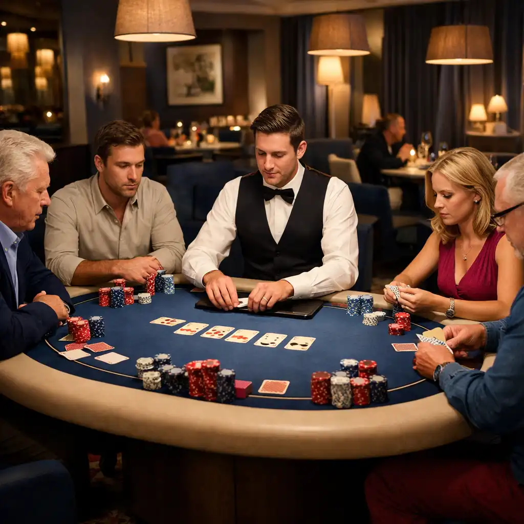 Table de poker en action avec joueurs adultes concentrés et croupier