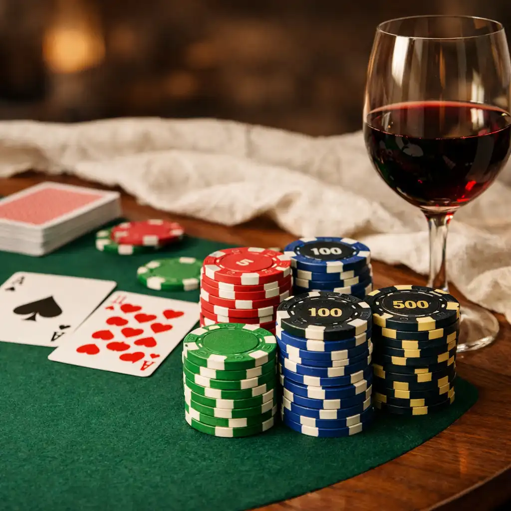 Gros plan sur une table de poker en noyer avec jetons en céramique, cartes et verre de vin rouge