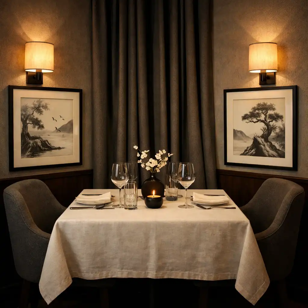 Table privée dans un coin du restaurant avec nappe en lin et éclairage intime