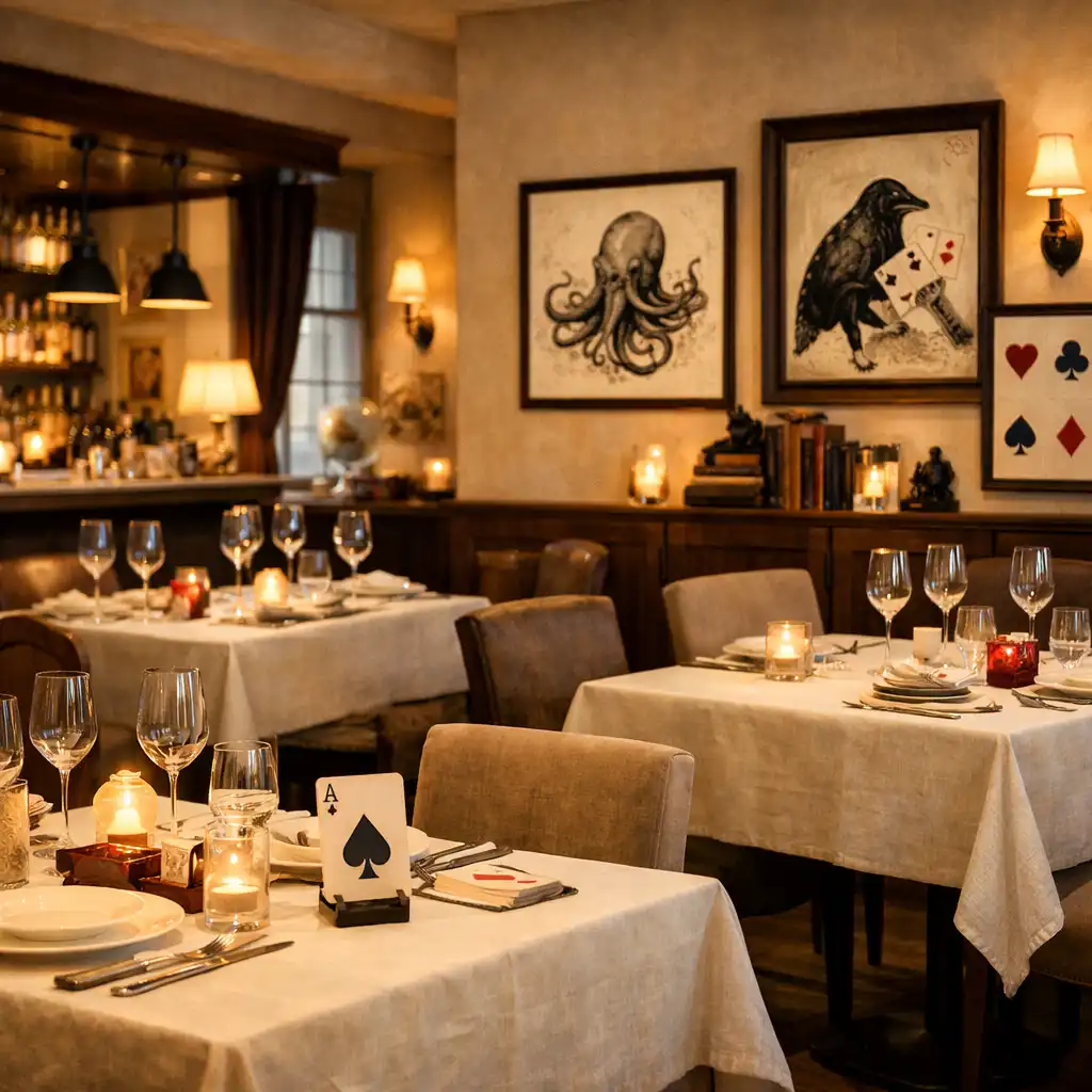 Intérieur élégant du restaurant Maison Aubeline avec tables dressées et touches de poker