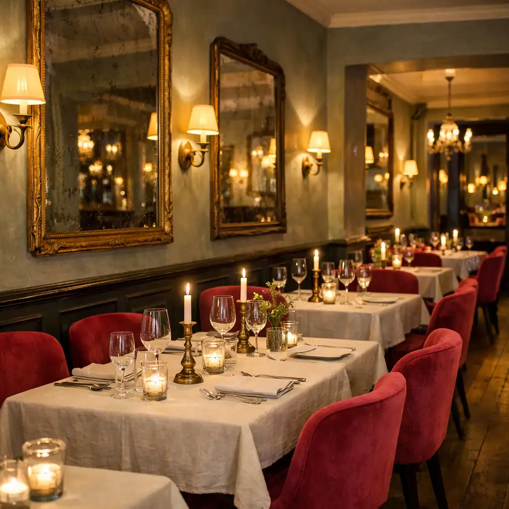 Vue de la salle principale du restaurant avec tables en bois sombre, chaises en velours framboise et miroirs anciens