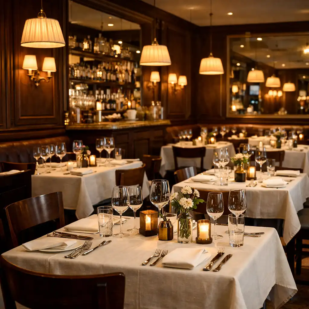 Salle de restaurant Maison Aubeline avec nappes en lin et lumière tamisée