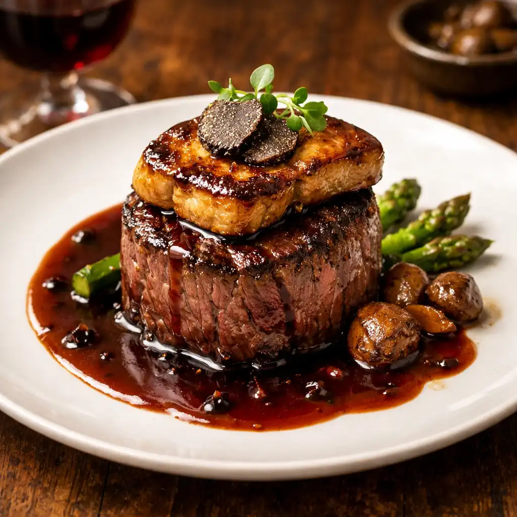 Filet de bœuf Rossini avec foie gras poêlé et sauce au vin rouge