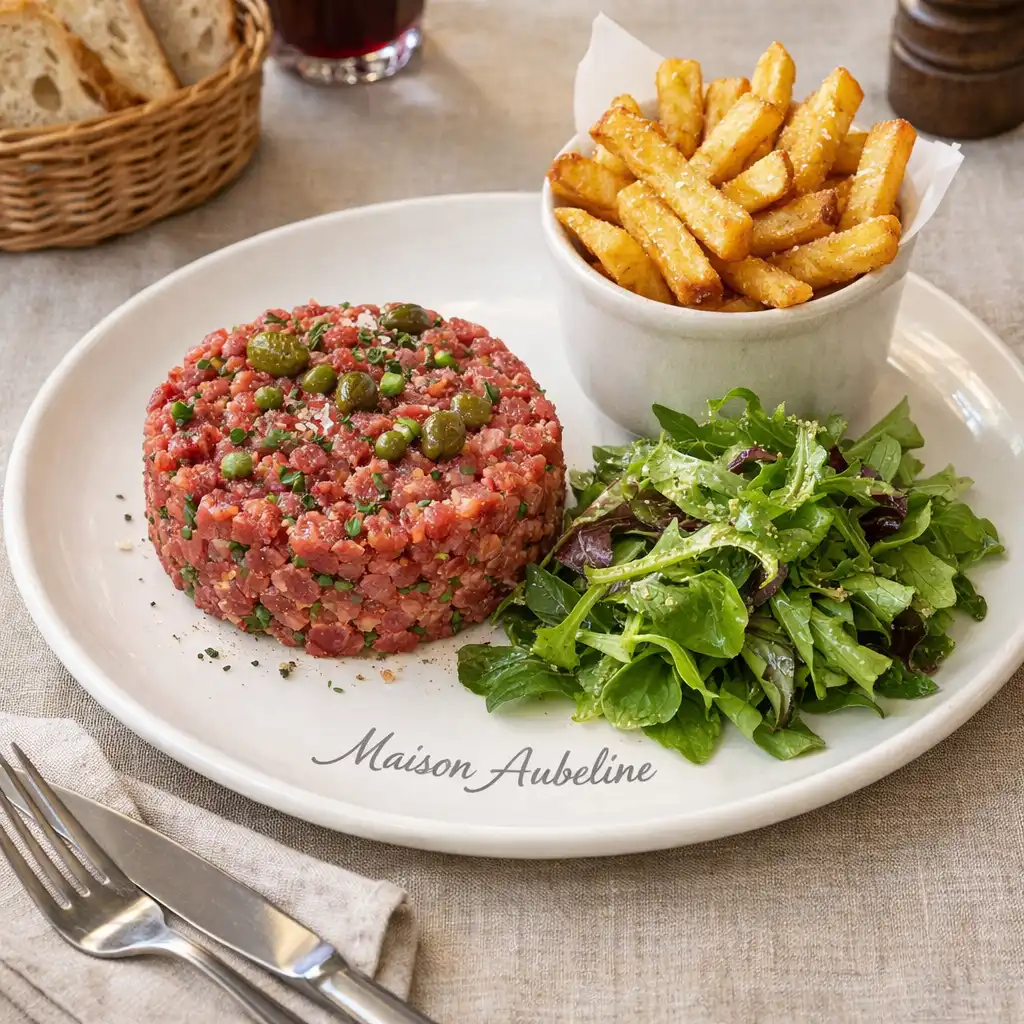 Plat signature de Maison Aubeline présenté sur une assiette en céramique blanche