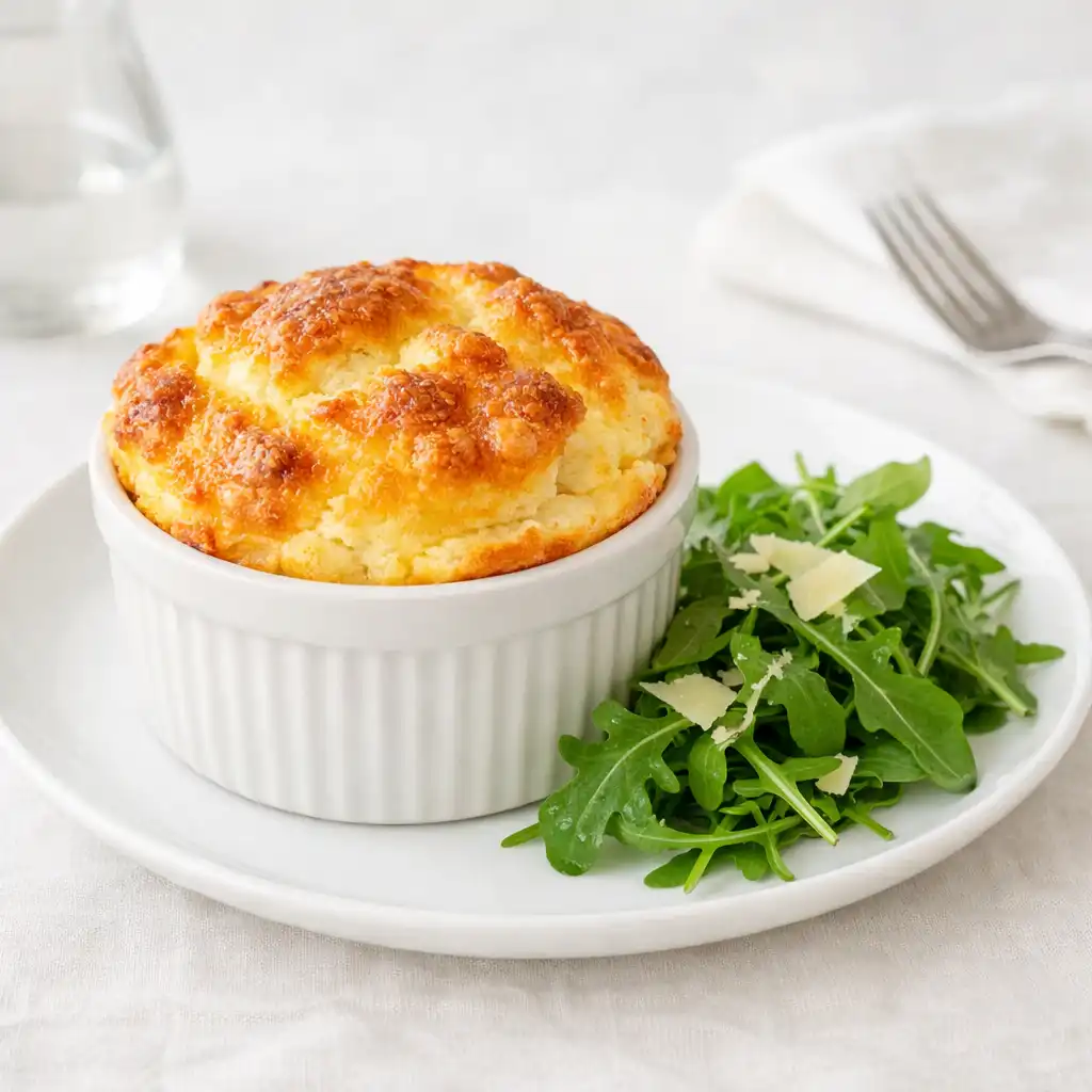 Soufflé au fromage doré et gonflé avec salade de roquette