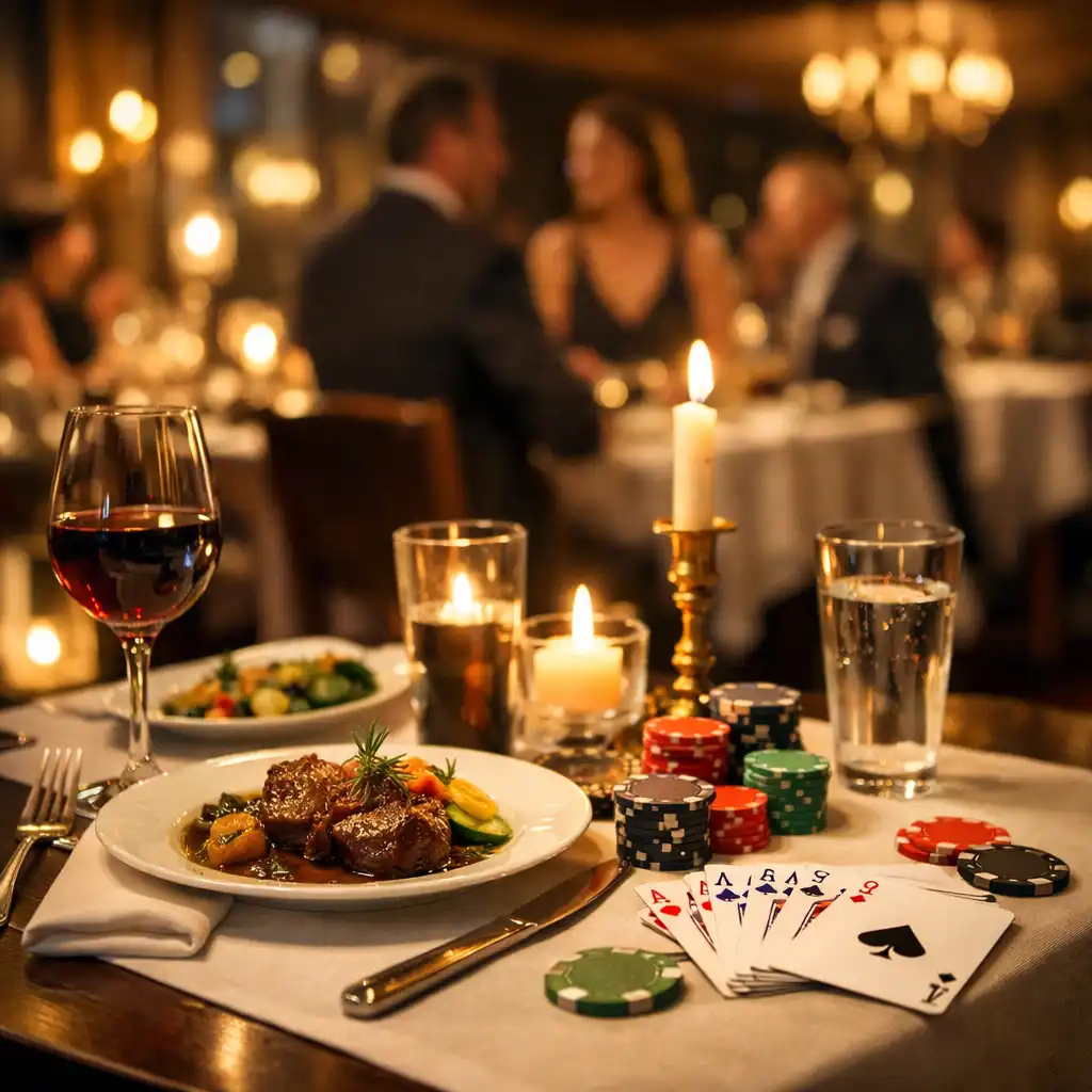 Soirée poker dans un restaurant élégant avec table dressée et cartes à jouer