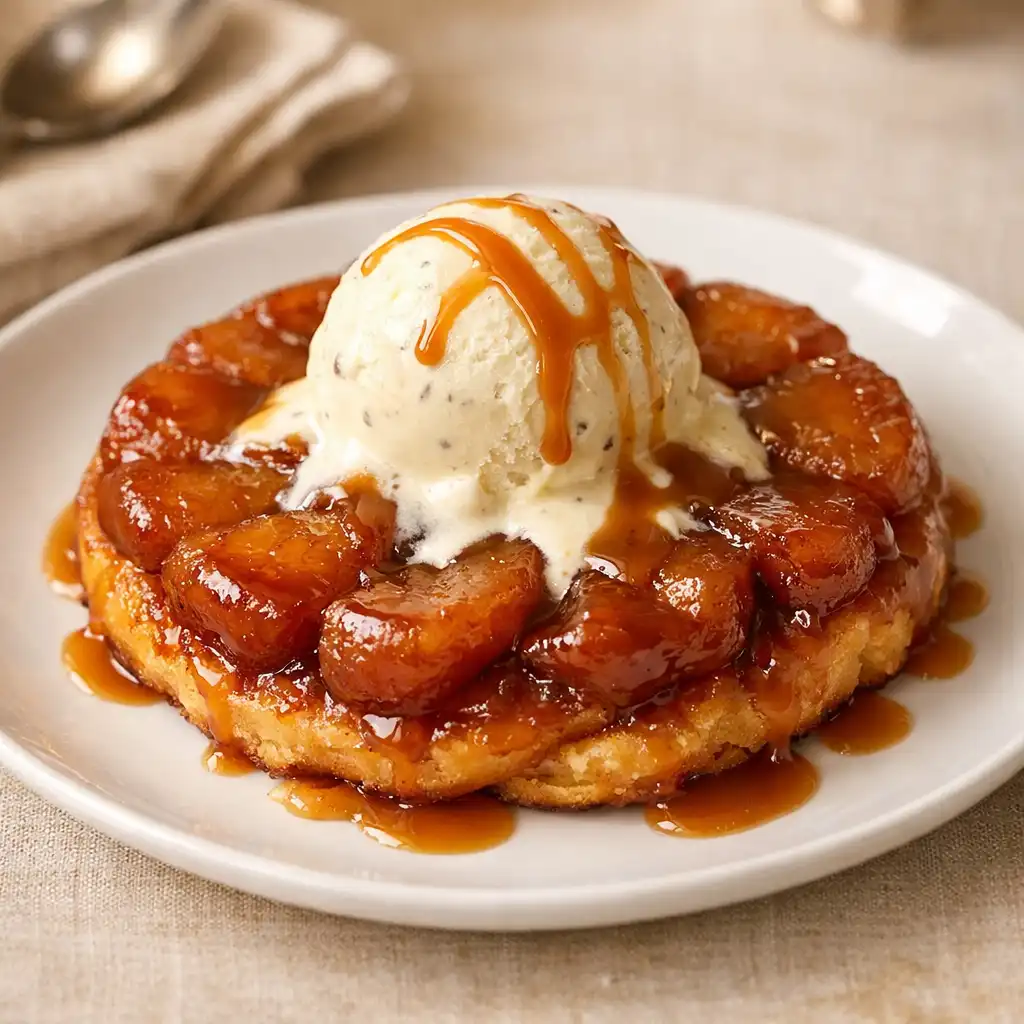 Tarte tatin renversée servie tiède avec glace à la vanille de Madagascar et caramel au beurre salé