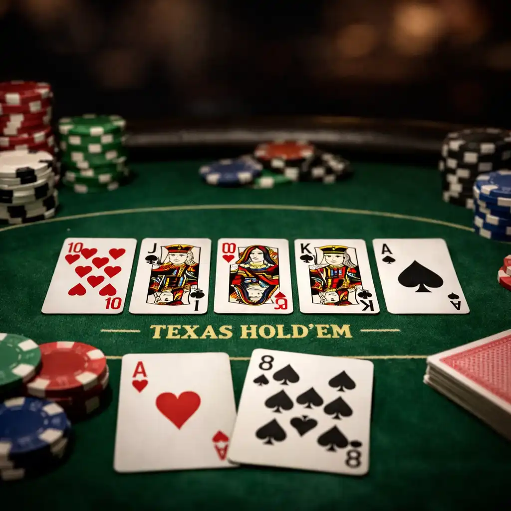 Table de Texas Hold'em avec cartes, jetons et tapis, ambiance feutrée